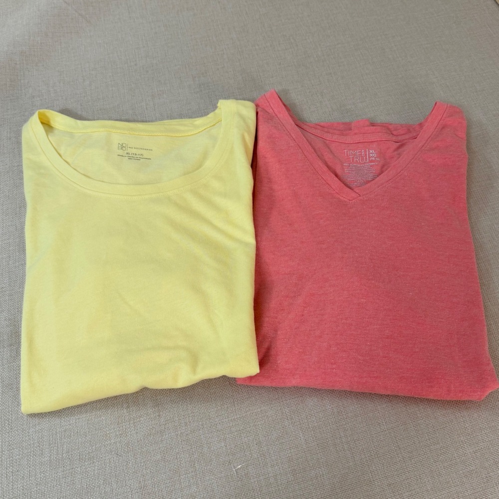 No Boundaries & Time and Tru Womens T-Shirt Bundle XL Yellow Coral V-Neck Crew